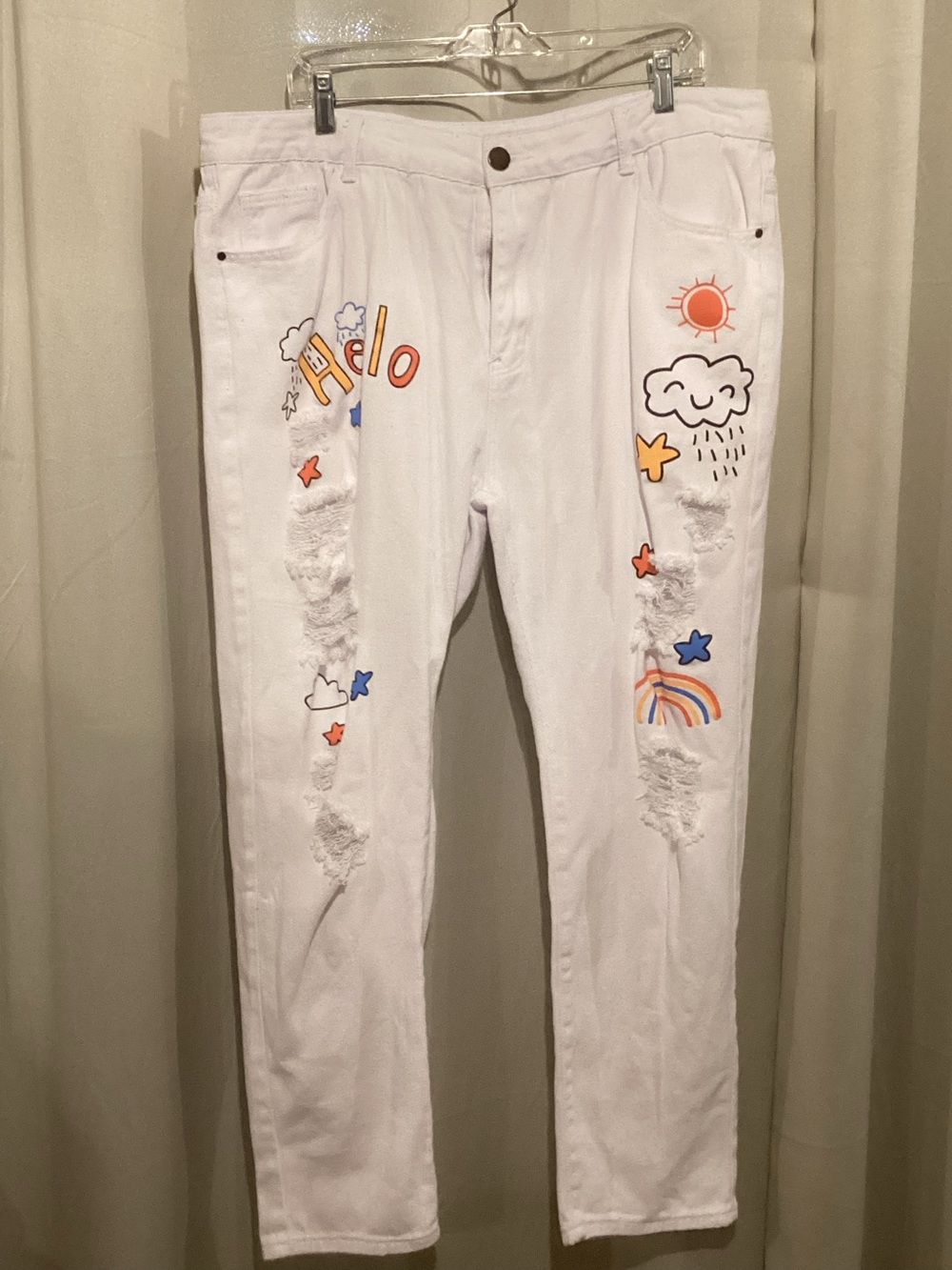 White Distressed Graphic Print Pants - Size 42
